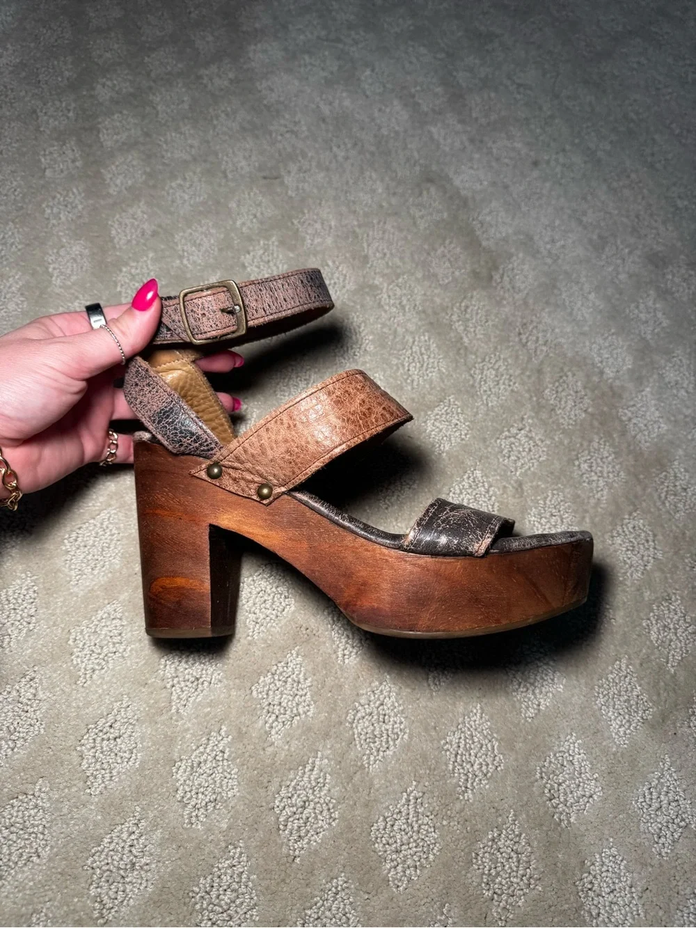 Bedstu Leather Platform Sandal with Wood Heel